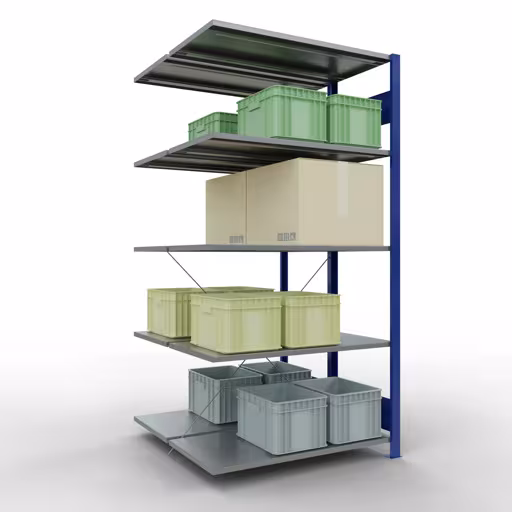 Une autre vue de l'article Étagère supplémentaire, étagère double, système d'étagère enfichable MULTIplus150, 2000 x 1000 x (2x500) mm (HxLxP), 2x5 étagères, traverse, RAL 5010 bleu gentiane Une autre vue de l'article Étagère rapportée, étagère double, système d'étagère enfichable MULTIplus150, 2000 x 1000 x (2x500) mm, 2x5 étagères, RAL 5010 bleu gentiane de la catégorie étagères