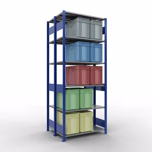 Produktbild Nr.16 des Artikels Grundregal, Doppelregal, Fachbodenregal Stecksystem MULTIplus150, 2500 x 1000 x (2x400) mm (HxBxT), 2x6 Fachböden, Längenriegel, RAL 5010 enzianblau aus der Produktreihe Fachbodenregale von der Marke Schulte Lagertechnik