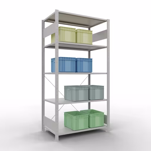 Figura n. 12 dell'articolo scaffale base, sistema a innesto per scaffale MULTIplus150, 2000 x 1000 x 600 mm (AxLxP), 5 ripiani, traversa, RAL 7035 grigio chiaro del gruppo di prodotti Sistema a innesto della marca Schulte Lagertechnik