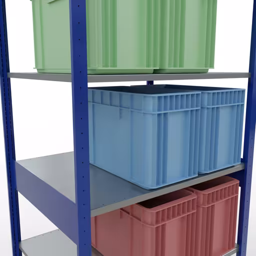 Image supplémentaire de l'article Étagère de base, étagère, système enfichable MULTIplus150, 2500 x 1000 x 800 mm (HxLxP), 6 étagères, barres de longueur, RAL 5010 bleu gentiane/galvanisé Image supplémentaire de l'article Étagère de base, étagère, système enfichable MULTIplus150, 2500 x 1000 x 800 mm, 6 étagères, RAL 5010 bleu gentiane/galvanisé à partir de l'étagère de base