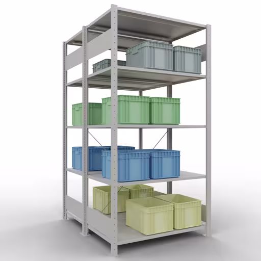 Étagère de base, étagère double, système d'étagères MULTIplus150, 2000 x 1000 x (2x600) mm (HxLxP), 2x5 étagères, traverse, RAL 7035 gris clair de la catégorie étagères doubles avec le GTIN 4004514208217 Étagère de base, étagère double, système d'étagères MULTIplus150, 2000 x 1000 x (2x600) mm, 2x5 étagères, traverse, RAL 7035 gris clair de la marque Schulte Lagertechnik de la gamme d'étagères