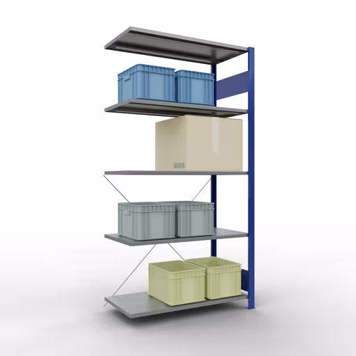 Rayonnage supplémentaire, étagère, système enfichable MULTIplus150, 2000 x 1000 x 500 mm (HxLxP), 5 étagères, traverse, RAL 5010/galvanisé de la catégorie des étagères supplémentaires avec le GTIN 4004514208804 Rayonnage supplémentaire, rayonnage à étagères, système enfichable MULTIplus150, 2000 x 1000 x 500 mm, 5 étagères, RAL 5010/galvanisé de la marque Schulte Lagertechnik de la gamme de produits du système enfichable