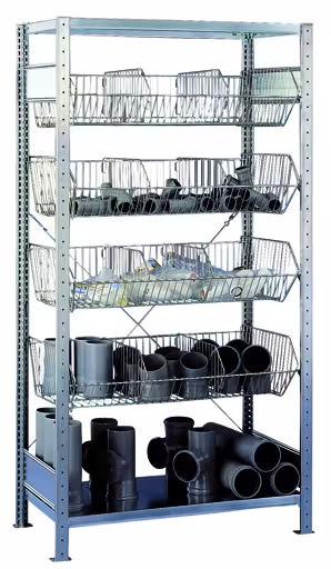 Scaffale base, ripiano con cestello in rete metallica MULTIplus150, 2000 x 1000 x 500 mm (AxLxP), zincato, 2 ripiani, 4 cestelli in rete metallica della categoria stoccaggio minuteria con GTIN 4004514208965 Scaffale base, ripiano con cestello in rete metallica MULTIplus150, 2000 x 1000 x 500 mm (AxLxP), zincato, 2 ripiani, 4 cestelli in rete metallica della marca Schulte Lagertechnik dalla gamma di prodotti Scaffali