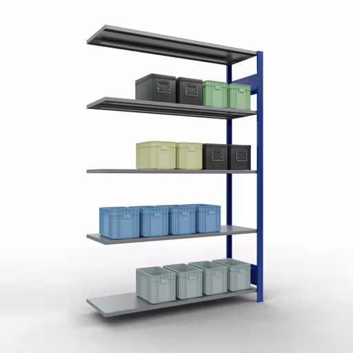 Scaffali aggiuntivi, scaffali, sistema a innesto MULTIplus150, 2000 x 1300 x 400 mm (AxLxP), 5 ripiani, barre longitudinali, RAL 5010 blu genziana/zincato di Schulte Lagertechnik della categoria Sistemi a innesto