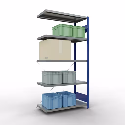 Zusatzbild des Artikels Anbauregal, Fachbodenregal Stecksystem MULTIplus250, 2000 x 1000 x 500 mm (HxBxT), 5 Fachböden, Kreuzstrebe, RAL 5010 enzianblau/verzinkt Zusatzbild des Artikels Anbauregal, Fachbodenregal Stecksystem MULTIplus250, 2000 x 1000 x 500 mm (HxBxT), 5 Fachböden, Kreuzstrebe, RAL 5010 enzianblau/verzinkt aus Anbauregal