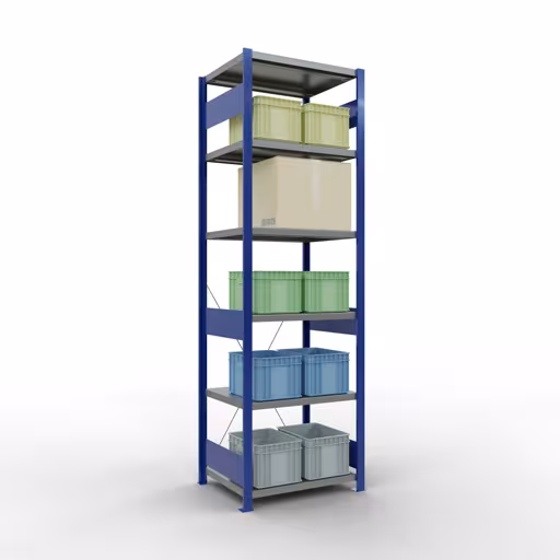 Scaffale base, scaffale, sistema a innesto MULTIplus250, 2500 x 750 x 600 mm (AxLxP), 6 ripiani, traversa, RAL 5010 blu genziana/zincato/zincato di Schulte Lagertechnik con l'articolo n. 12961-75-B