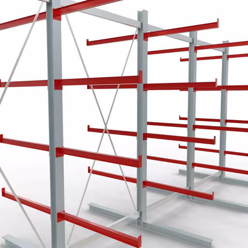 K 6000 Komplettregal, doppelseitig, 3000 x 6000 x 2x 1000 mm, RAL 7001 / RAL 3000, 5 Lagerebenen aus der Kategorie K6000 für schwere Güter mit der GTIN 4058255011346 K 6000 Komplettregal, doppelseitig, 3000 x 6000 x 2x 1000 mm, RAL 7001 / RAL 3000, 5 Lagerebenen von der Marke Schulte Lagertechnik aus der Produktreihe Kragarmregale