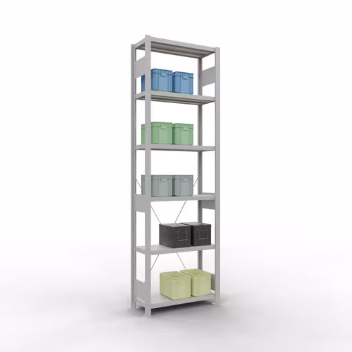 Scaffale base, scaffale, sistema a innesto MULTIplus250, 2500 x 750 x 300 mm (AxLxP), 6 ripiani, traversa, RAL 7035 grigio chiaro di Schulte Lagertechnik con l'articolo n. 32831-75