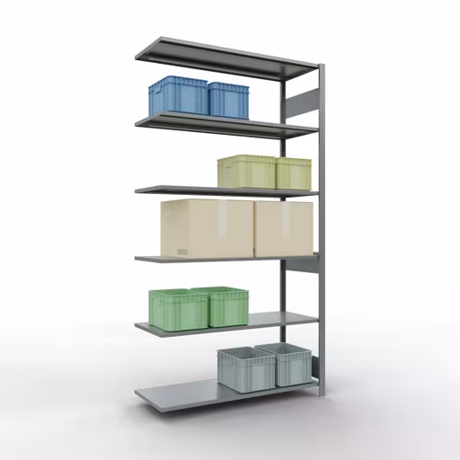 Scaffali aggiuntivi, scaffali, sistema a innesto MULTIplus150, 2500 x 1300 x 500 mm (AxLxP), 6 ripiani, barre longitudinali, zincato con l'articolo n. 12756-130-LR Scaffali aggiuntivi, scaffali, sistema a innesto MULTIplus150, 2500 x 1300 x 500 mm (AxLxP), 6 ripiani, barre longitudinali, zincato di Schulte Lagertechnik della categoria Sistemi a innesto