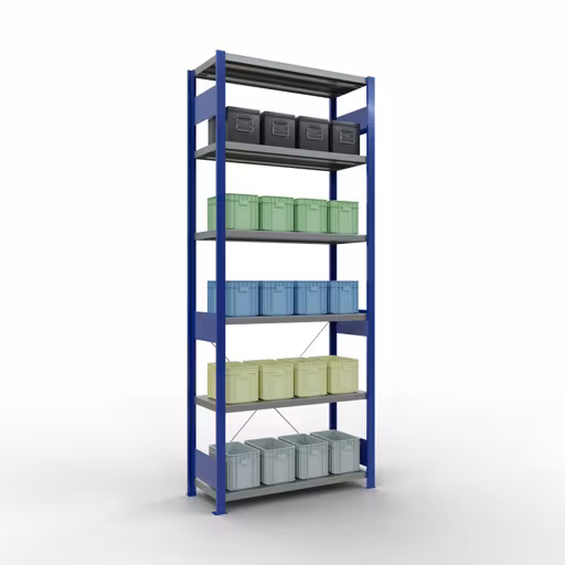 Image du produit n° 12 de l'article étagère de base, étagère, système enfichable MULTIplus330, 2500 x 1000 x 400 mm (HxLxP), 6 étagères, traverse, RAL 5010 bleu gentiane/galvanisé Figure n° 12 de l'article étagère de base, système d'étagères enfichables MULTIplus330, 2500 x 1000 x 400 mm, 6 étagères, RAL 5010 bleu gentiane/galvanisé du groupe de produits système enfichable de la marque Schulte Lagertechnik