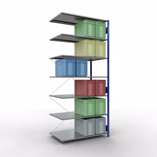 Rayonnage supplémentaire, étagère MULTIplus150, système enfichable, 3000 x 1300 x 800 mm (HxLxP), 7 tablettes, traverse, RAL 5010 bleu gentiane/galvanisé avec le GTIN 4004514281630 Rayonnage supplémentaire, rayonnage à étagères, système enfichable MULTIplus150, 3000 x 1300 x 800 mm, 7 étagères, RAL 5010 bleu gentiane/galvanisé de Schulte Lagertechnik avec le réf. 12787-130-B