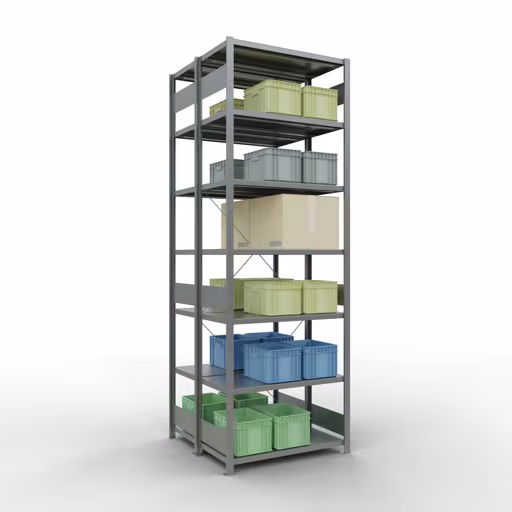 Immagine aggiuntiva dell'articolo Scaffale base, scaffale doppio, sistema di scaffali MULTIplus250, 3000 x 1000 x (2x500) mm (AxLxP), ripiani 2x7, traversa, zincato Immagine aggiuntiva dell'articolo Scaffale base, scaffale doppio, sistema a innesto per scaffale MULTIplus250, 3000 x 1000 x (2x500) mm (AxLxP), ripiani 2x7, traversa, zincato da ripiani doppi