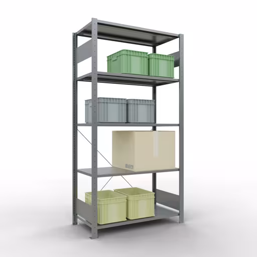 Image supplémentaire de l'article Étagère de base, étagère, système enfichable MULTIplus150, 2000 x 1000 x 500 mm (HxLxP), 5 étagères, traverse, galvanisé - Expressline Représentation supplémentaire de l'article étagère de base, étagère à étagères, système enfichable MULTIplus150, 2000 x 1000 x 500 mm, 5 étagères, galvanisé - Expressline à partir de l'étagère de base