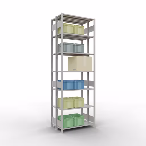 Image du produit n° 6 de l'article étagère de base, étagère double, système d'étagères enfichables MULTIplus150, 3000 x 1000 x (2x300) mm, 2x7 étagères, RAL 7035 gris clair de la gamme d'étagères de Schulte Lagertechnik.