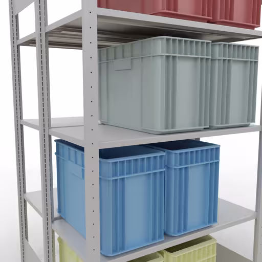 Une autre vue de l'article Etagère de base, étagère double, étagère système enfichable MULTIplus150, 2000 x 1000 x (2x500) mm (HxLxP), 2x5 étagères, barres de longueur, RAL 7035 gris clair Une autre vue de l'article Étagère de base, étagère double, système d'étagère enfichable MULTIplus150, 2000 x 1000 x (2x500) mm, 2x5 étagères, RAL 7035 gris clair de la catégorie étagères