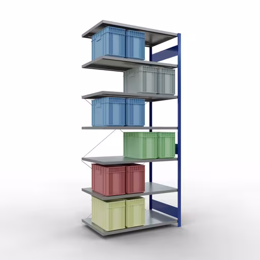 Rayonnage supplémentaire, étagère, système enfichable MULTIplus250, 3000 x 1300 x 800 mm, 7 étagères, traverse, RAL 5010 bleu gentiane/galvanisé de Schulte Lagertechnik avec le numéro d'article : 12987-130-B