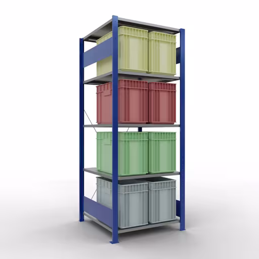 Scaffale base, scaffale, sistema a innesto MULTIplus150, 2000 x 750 x 800 mm (AxLxP), 5 ripiani, traversa, RAL 5010 blu genziana/zincato/zincato di Schulte Lagertechnik con l'articolo n. 12780-75-B