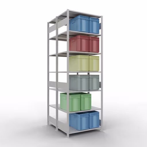 Étagère de base, étagère double, système d'étagères enfichables MULTIplus150, 3000 x 1000 x (2x600) mm (HxLxP), 2x7 étagères, barres de longueur, RAL 7035 gris clair avec le numéro d'article 1000001. 33162 Étagère de base, étagère double, système d'étagères MULTIplus150, 3000 x 1000 x (2x600) mm, 2x7 étagères, gris clair RAL 7035 de Schulte Lagertechnik de la catégorie étagères