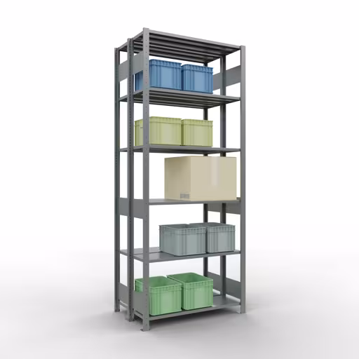 Figura n. 15 dell'articolo scaffale base, scaffale doppio, sistema a innesto per scaffali MULTIplus150, 2500 x 1000 x (2x300) mm (AxLxP), 2x6 ripiani, barre longitudinali, zincato dal gruppo di prodotti scaffali della marca Schulte Lagertechnik