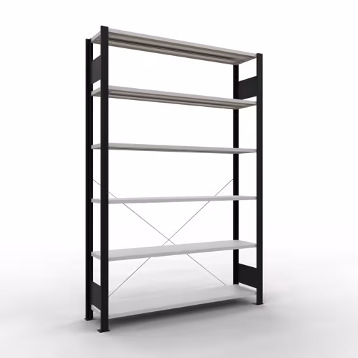 Scaffale base, scaffale per ufficio, sistema a innesto MULTIplus85, 2000 x 1300 x 300 mm (AxLxP), 6 ripiani, traversa, senza barra di arresto, nero/grigio chiaro della marca Schulte Lagertechnik dal programma scaffali per ufficio