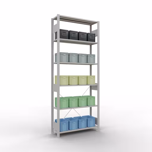 Image du produit n° 13 de l'article étagère de base, étagère, système enfichable MULTIplus150, 2500 x 1000 x 300 mm, 6 étagères, traverse, RAL 7035 gris clair Figure n° 13 de l'article étagère de base, système d'étagères enfichables MULTIplus150, 2500 x 1000 x 300 mm, 6 étagères, gris clair RAL 7035 du groupe de produits système enfichable de Schulte Lagertechnik