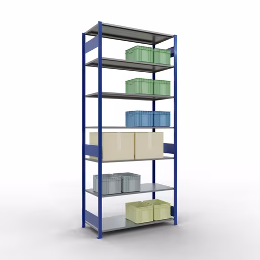 Image supplémentaire de l'article Étagère de base, étagère, système enfichable MULTIplus150, 3000 x 1300 x 600 mm (HxLxP), 7 étagères, barre de longueur, RAL 5010 bleu gentiane/galvanisé Image supplémentaire de l'article Étagère de base, étagère, système enfichable MULTIplus150, 3000 x 1300 x 600 mm, 7 étagères, RAL 5010 bleu gentiane/galvanisé à partir de l'étagère de base