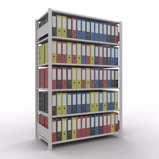 Scaffale base, scaffale per ufficio, sistema a innesto MULTIplus150, 2000 x 1300 x 600 mm (AxLxP), 6 ripiani, barre longitudinali, con fermo centrale, grigio chiaro della marca Schulte Lagertechnik dal programma scaffali per ufficio