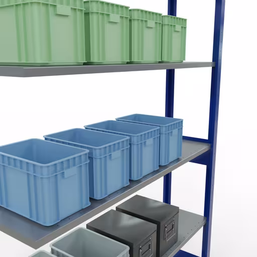 Image supplémentaire de l'article Rayonnage complémentaire, rayonnage à étagères, système enfichable MULTIplus150, 2500 x 1300 x 300 mm (HxLxP), 6 étagères, barres de longueur, RAL 5010 bleu gentiane/galvanisé Représentation supplémentaire de l'article Tablette supplémentaire, étagère, système enfichable MULTIplus150, 2500 x 1300 x 300 mm, 6 tablettes, RAL 5010 bleu gentiane/galvanisé à partir de la tablette supplémentaire