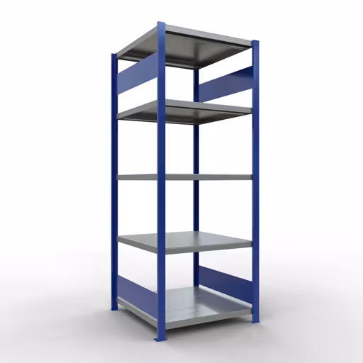 Ripiano base, ripiano, sistema a innesto MULTIplus250, 2000 x 750 x 800 mm (AxLxP), 5 ripiani, barre longitudinali, RAL 5010 blu genziana/zincato/zincato, ripiano base, articolo n. 12980-75-LR-B