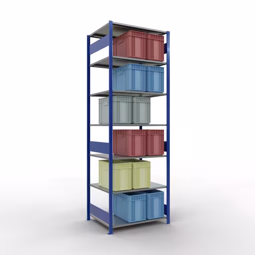 Étagère de base, étagère, système enfichable MULTIplus150, 3000 x 1000 x 800 mm (HxLxP), 7 étagères, barres de longueur, RAL 5010 bleu gentiane/galvanisé de la catégorie d'étagères de base avec le GTIN 4004514281463 Étagère de base, étagère, système enfichable MULTIplus150, 3000 x 1000 x 800 mm, 7 étagères, RAL 5010 bleu gentiane/galvanisé de la marque Schulte Lagertechnik de la gamme de produits du système enfichable