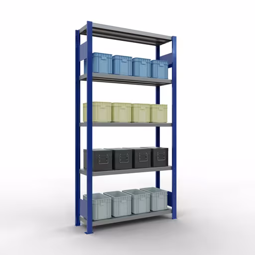 Étagère de base, étagère, système enfichable MULTIplus330, 2000 x 1000 x 300 mm, 5 étagères, barres de longueur, RAL 5010 bleu gentiane/galvanisé de la catégorie d'étagères de base avec le GTIN 4004514285447 Étagère de base, étagère, système enfichable MULTIplus330, 2000 x 1000 x 300 mm, 5 étagères, RAL 5010 bleu gentiane/galvanisé de Schulte Lagertechnik de la gamme de produits du système enfichable