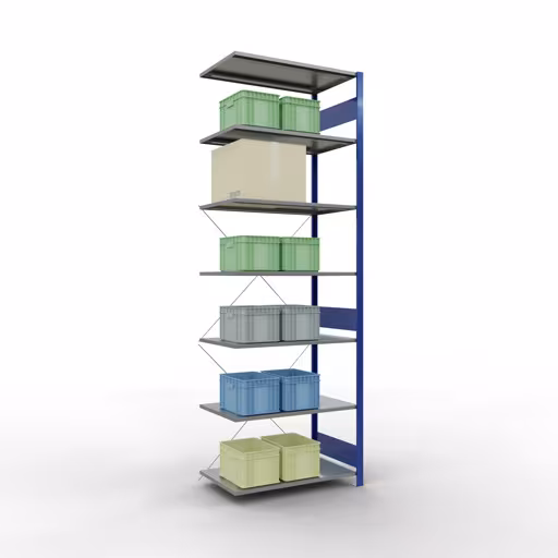 Image du produit n° 16 de l'article Rayonnage complémentaire, rayonnage à étagères, système enfichable MULTIplus85, 3000 x 1000 x 600 mm (HxLxP), 7 étagères, traverse, RAL 5010 bleu gentiane Figure n° 16 de l'article étagère complémentaire, étagère à étagères, système enfichable MULTIplus85, 3000 x 1000 x 600 mm, 7 étagères, traverse, RAL 5010 bleu gentiane du groupe de produits système enfichable de la marque Schulte Lagertechnik