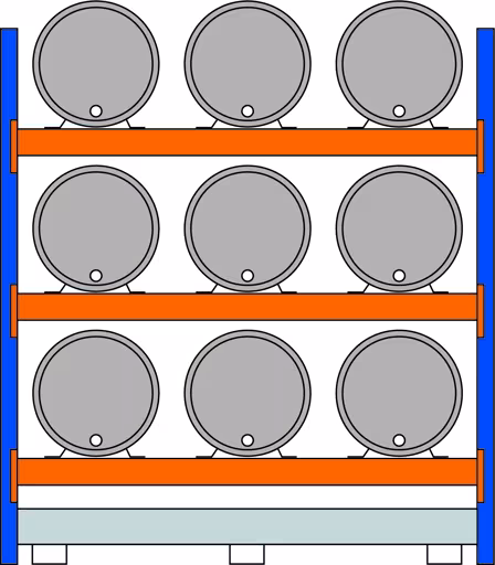 Ripiano base, ripiano per fusti, 2500 x 2225 x 800 mm (AxLxP), blu/zincato/RAL 2004, 3 livelli per 3 fusti da 200 l ciascuno sdraiati; 1 ripiano da pavimento 2205 x 1100 mm della marca Schulte Lagertechnik della gamma scaffalature portapallet