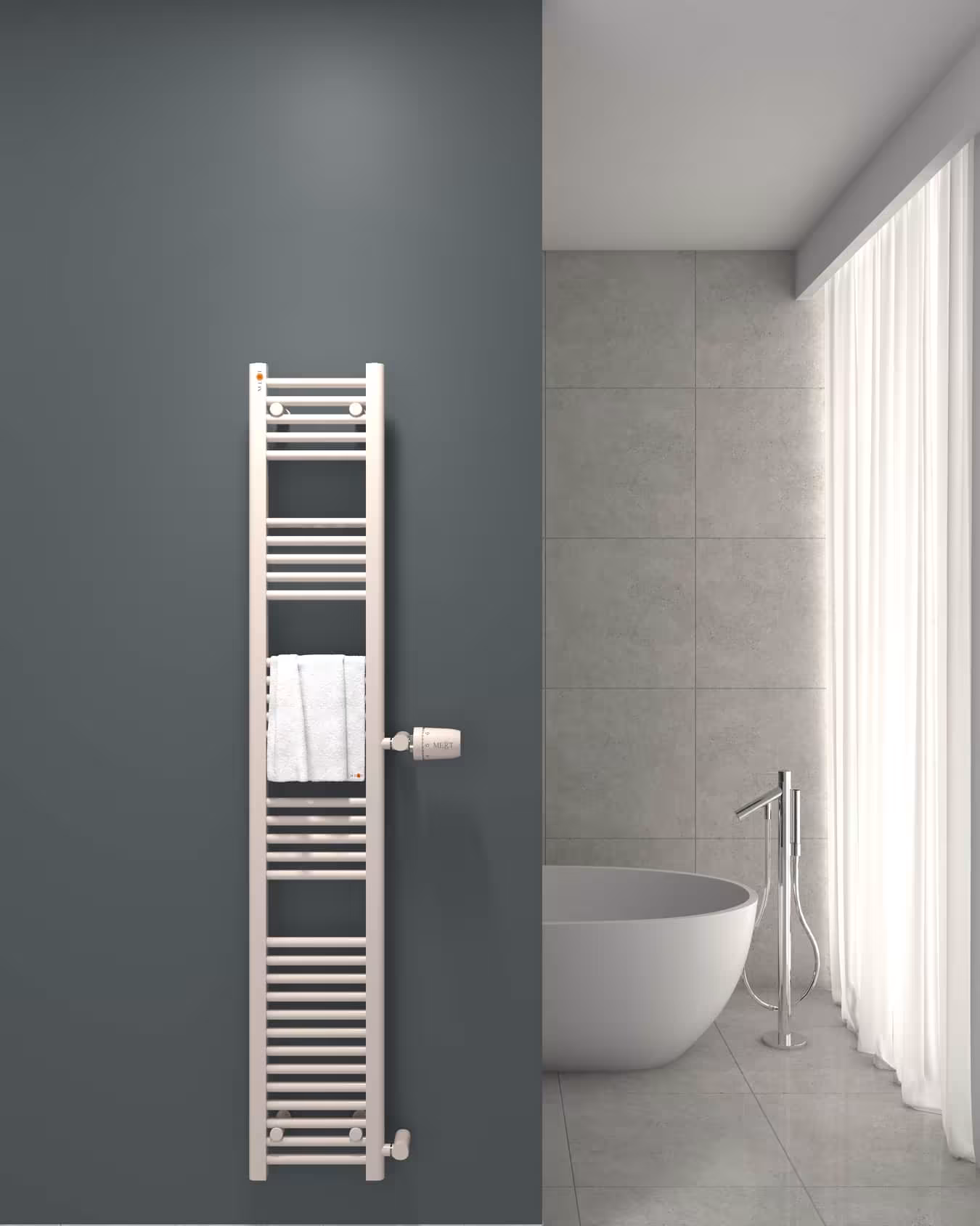 Radiatore da bagno di ricambio MERT bianco dritto, attacco laterale, radiatore di ricambio, articolo n. 1-30x180-ASR-90