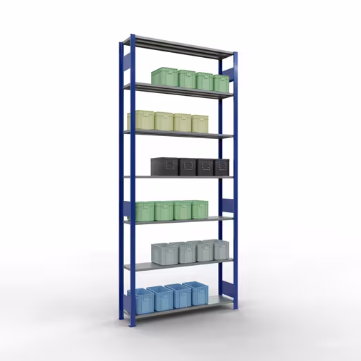 Étagère de base, étagère, système enfichable MULTIplus150, 3000 x 1300 x 300 mm (HxLxP), 7 étagères, barres de longueur, RAL 5010 bleu gentiane/galvanisé de la catégorie d'étagères de base avec le GTIN 4004514279590 Étagère de base, étagère, système enfichable MULTIplus150, 3000 x 1300 x 300 mm, 7 étagères, RAL 5010 bleu gentiane/galvanisé de la marque Schulte Lagertechnik de la gamme de produits du système enfichable