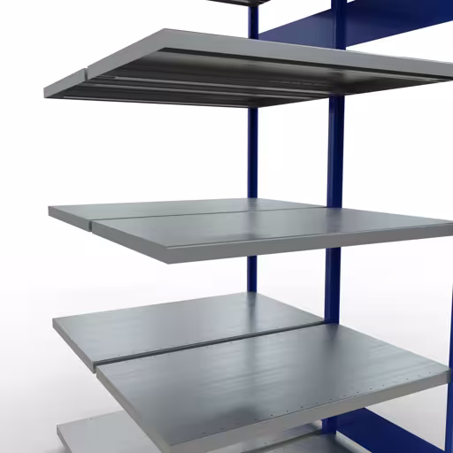 Une autre vue de l'article Tablette supplémentaire, tablette double, système d'étagères enfichables MULTIplus250, 2000 x 1000 x (2x600) mm, 2x5 tablettes, barres de longueur, RAL 5010 bleu gentiane Une autre vue de l'article, étagère double, système d'étagères MULTIplus250, 2000 x 1000 x (2x600) mm, 2x5 étagères, RAL 5010 bleu gentiane de la catégorie étagère