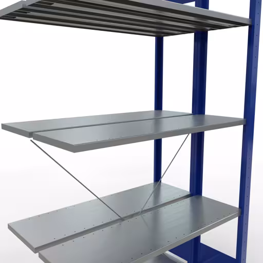 Une autre vue de l'article Étagère rapportée, étagère double, système d'étagère enfichable MULTIplus150, 2000 x 1000 x (2x300) mm, 2x5 étagères, RAL 5010 bleu gentiane de la catégorie étagères