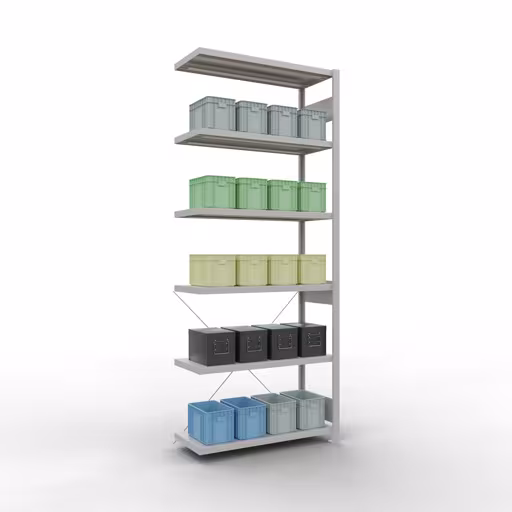 Produktbild Nr 12 des Artikels Anbauregal, Fachbodenregal Stecksystem MULTIplus330, 2500 x 1000 x 400 mm (HxBxT), 6 Fachböden, Kreuzstrebe, RAL 7035 lichtgrau Abbildung Nr 12 des Artikels Anbauregal, Fachbodenregal Stecksystem MULTIplus330, 2500 x 1000 x 400 mm (HxBxT), 6 Fachböden, Kreuzstrebe, RAL 7035 lichtgrau aus der Produktgruppe Stecksystem von der Marke Schulte Lagertechnik