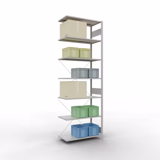 Produktbild Nr 13 des Artikels Anbauregal, Fachbodenregal Stecksystem MULTIplus85, 3000 x 1000 x 500 mm (HxBxT), 7 Fachböden, Kreuzstrebe, RAL 7035 lichtgrau Abbildung Nr 13 des Artikels Anbauregal, Fachbodenregal Stecksystem MULTIplus85, 3000 x 1000 x 500 mm (HxBxT), 7 Fachböden, Kreuzstrebe, RAL 7035 lichtgrau aus der Produktgruppe Stecksystem von der Marke Schulte Lagertechnik