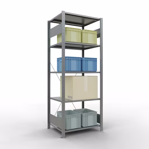 Grundregal, Fachbodenregal Stecksystem MULTIplus150, 2000 x 750 x 600 mm (HxBxT), 5 Fachböden, Kreuzstrebe, verzinkt mit der Artikelnr. 12760-75 Grundregal, Fachbodenregal Stecksystem MULTIplus150, 2000 x 750 x 600 mm (HxBxT), 5 Fachböden, Kreuzstrebe, verzinkt von Schulte Lagertechnik aus der Kategorie Stecksystem