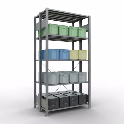 Image du produit n° 16 de l'article étagère de base, étagère double, étagère, système enfichable MULTIplus150, 2000 x 1000 x (2x300) mm (HxLxP), 2x5 étagères, traverse, galvanisé Figure n° 16 de l'article étagère de base, étagère double, étagère, système enfichable MULTIplus150, 2000 x 1000 x (2x300) mm, 2x5 étagères, galvanisées du groupe de produits étagères de la marque Schulte Lagertechnik